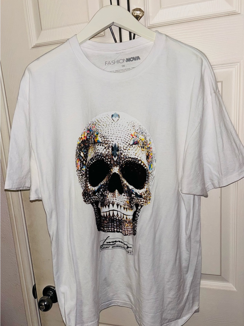 Fashion Nova White Skull Tee with Multicolor Embellishment